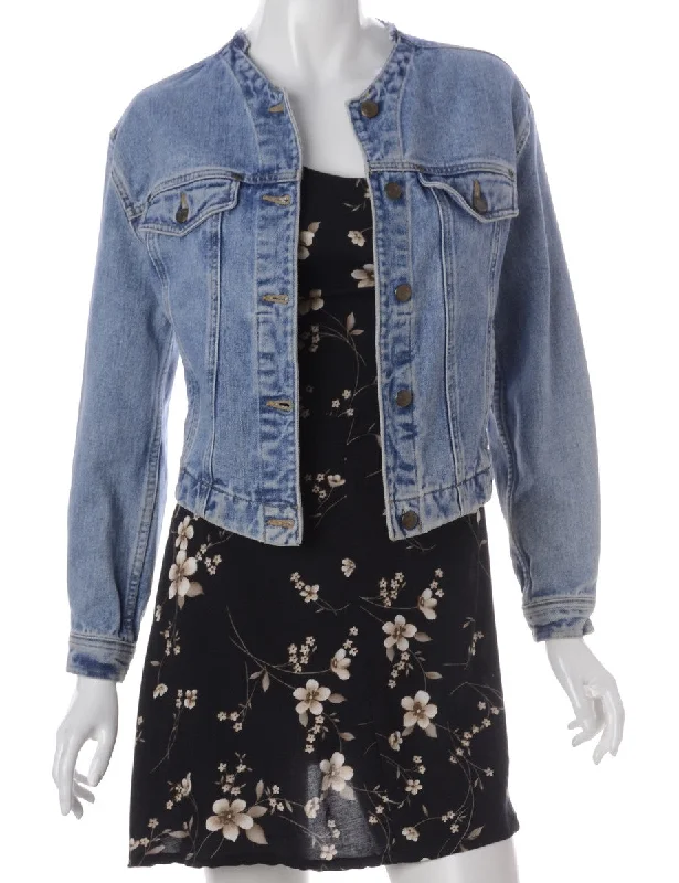 Label Stone Wash Collarless Denim Jacket Chenille Fabric Brocade Fabric Lace Fabric