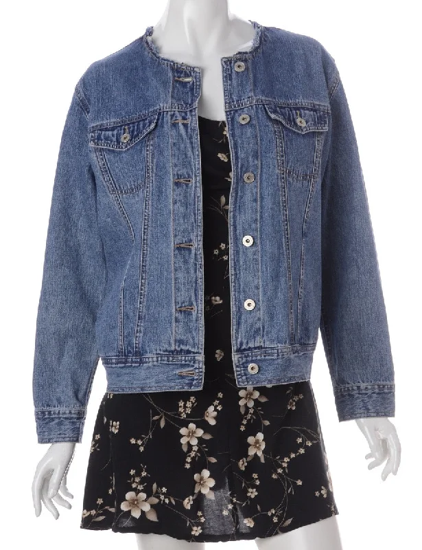 Label Stone Wash Collarless Denim Jacket Fleece Fabric Down Fabric Feather Fabric
