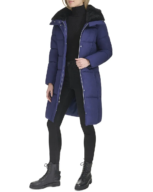 Cole Haan Shimmer Channel Coat Bomber Denim Leather