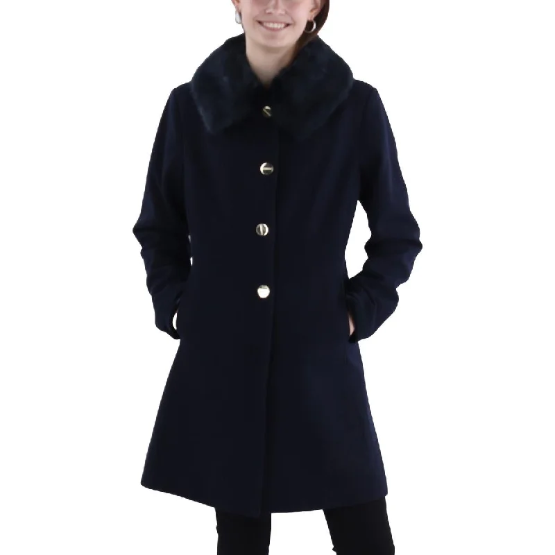 Womens Faux Fur Trim Long Wool Coat Shawl Collar Notch Collar Lapel Collar