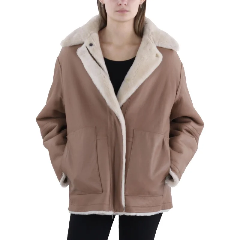 Womens Shearling Midi Walker Coat Appliqued Beaded Sequined