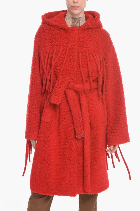 Stella McCartney Belted Teddy Coat with Fringe 38 Italian size Asymmetrical Collar Hooded Zippered Stella McCartney Belted Teddy Coat with Fringe 38 Italian size Asymmetrical Collar Hooded Zippered