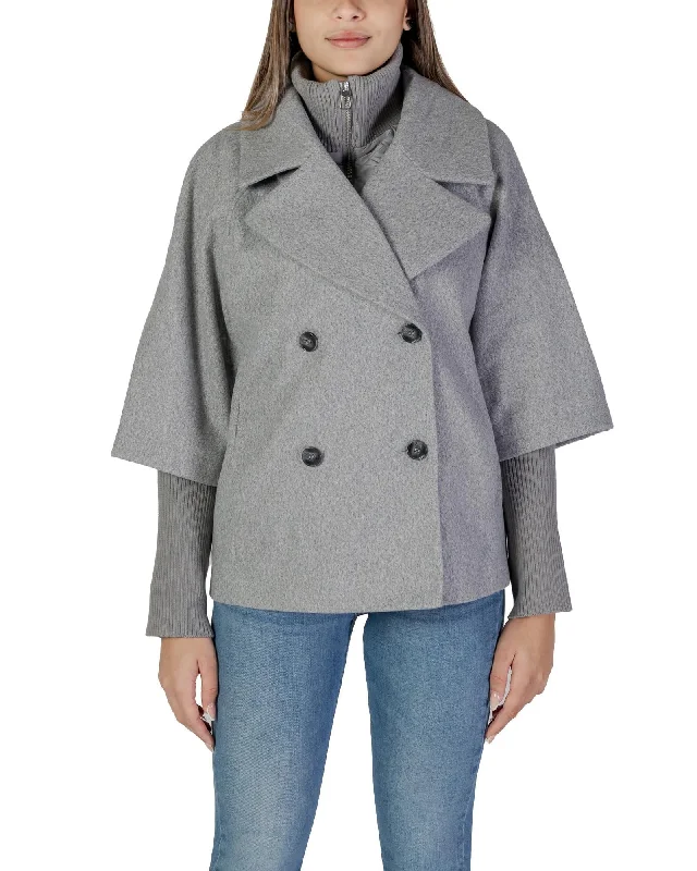Jacqueline De Yong 3/4 Sleeve V-Neck Coat with Front Pockets Wool Cashmere Tweed
