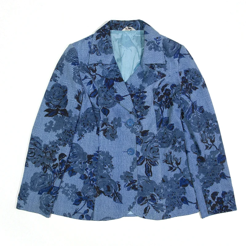 Jacket Blue 90s Floral Blazer Womens M Hoodie Zip-Up Jacket Button-Up Jacket