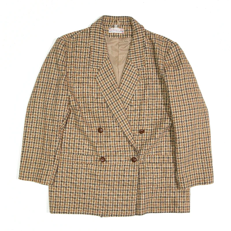 CRISTEL Wool Blend Coat Beige 90s Houndstooth Pea Womens XL Chenille Brocade Lace