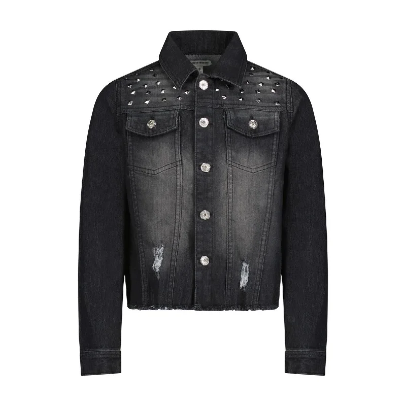 Girl's Studded Distressed Dark Wash Denim Jacket Fleece Jacket Down Jacket Parka
