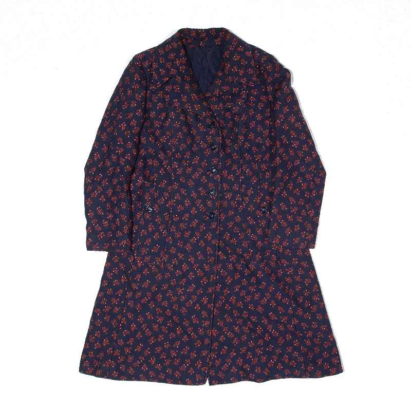 Overcoat Coat Blue 90s Floral Womens M Knit Woven Fleece