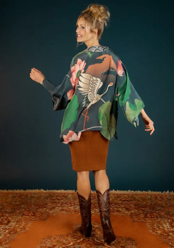 Powder Crane at Sunrise Kimono Jacket, Green Denim Fabric Leather Fabric Suede Fabric Powder Crane at Sunrise Kimono Jacket, Green Denim Fabric Leather Fabric Suede Fabric