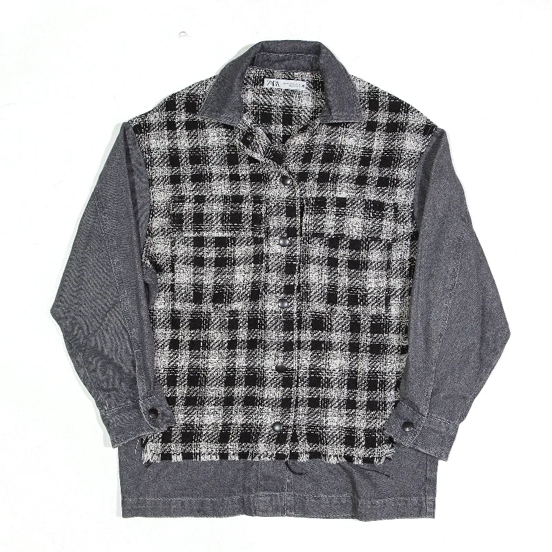 ZARA Grey Relaxed Plaid Denim Jacket Womens XS Cotton Jacket Linen Jacket Terry Jacket ZARA Grey Relaxed Plaid Denim Jacket Womens XS Cotton Jacket Linen Jacket Terry Jacket